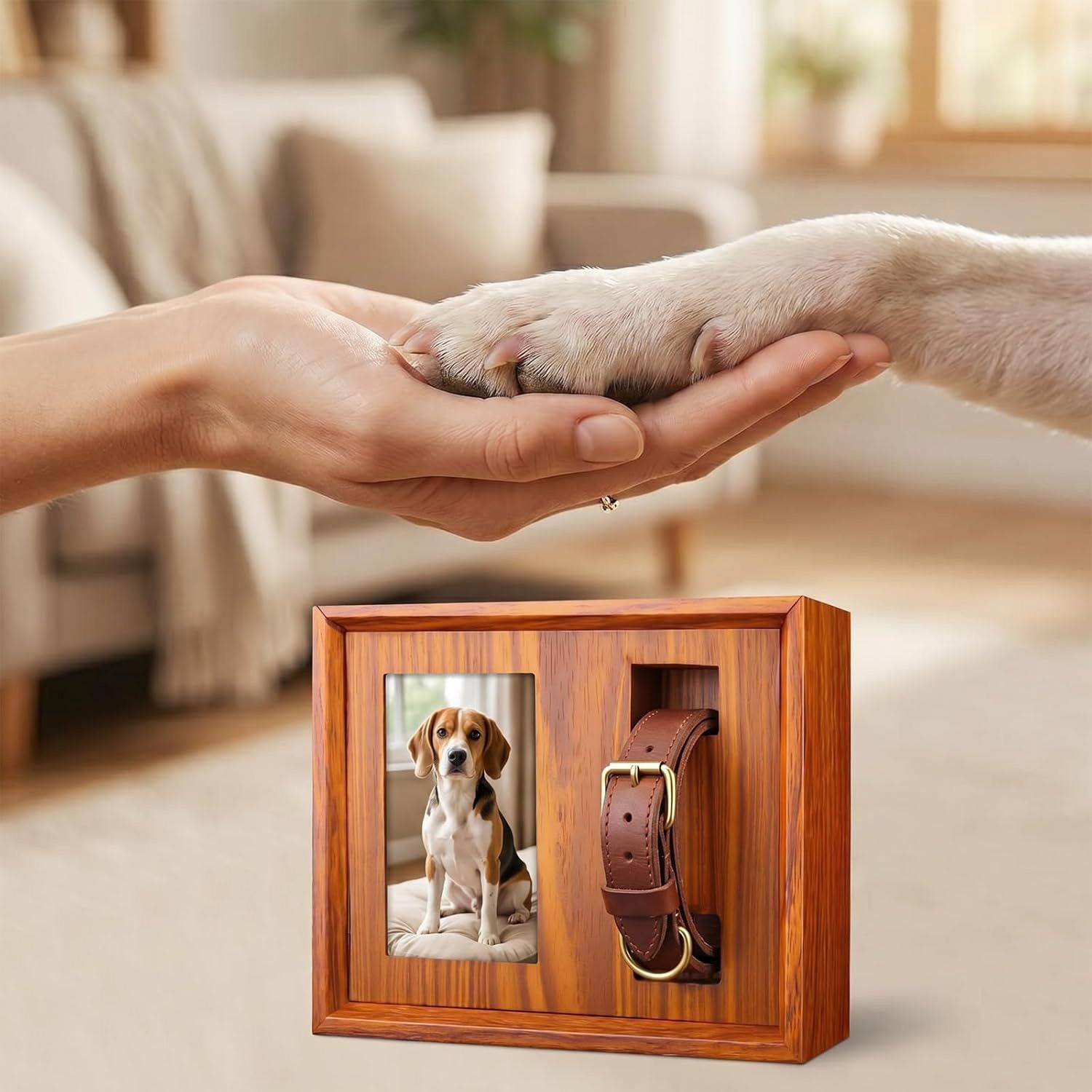 Wooden pet memorial box with dog photo and collar - lifestyle