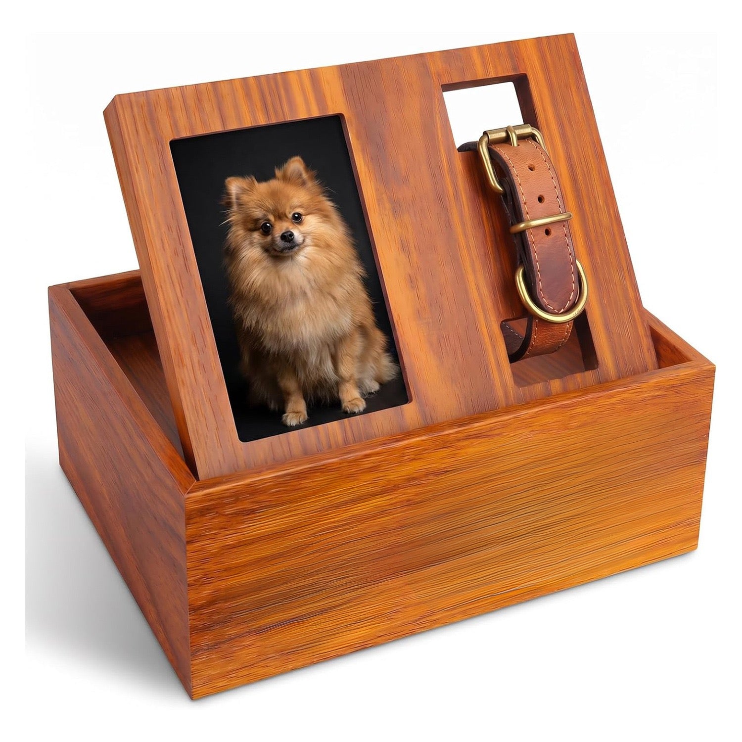 Wooden pet memorial box features - handmade, photo frame, collar hole, text stickers