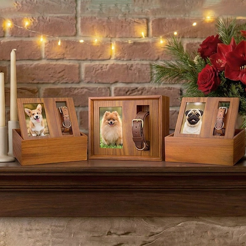 Wooden pet memorial boxes displayed on mantle