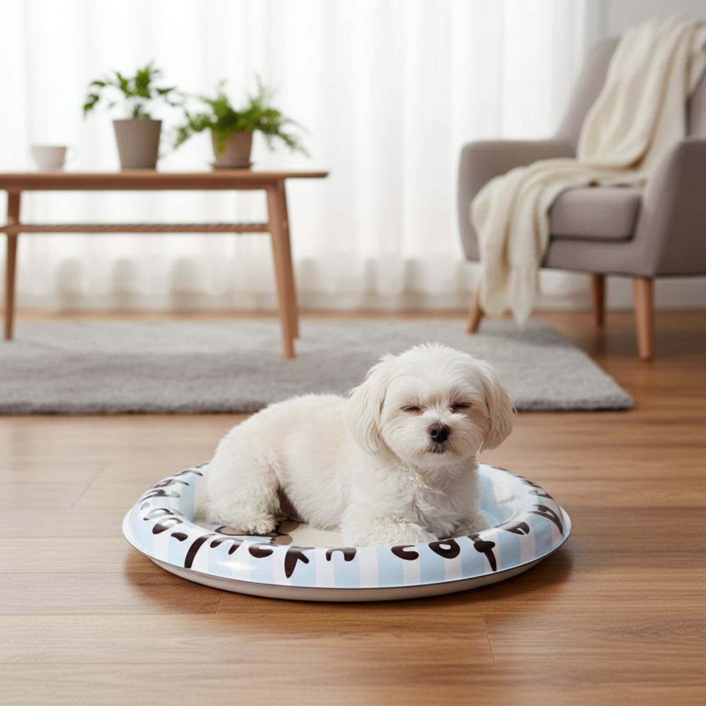 Small dog lying on round cooling mat at home