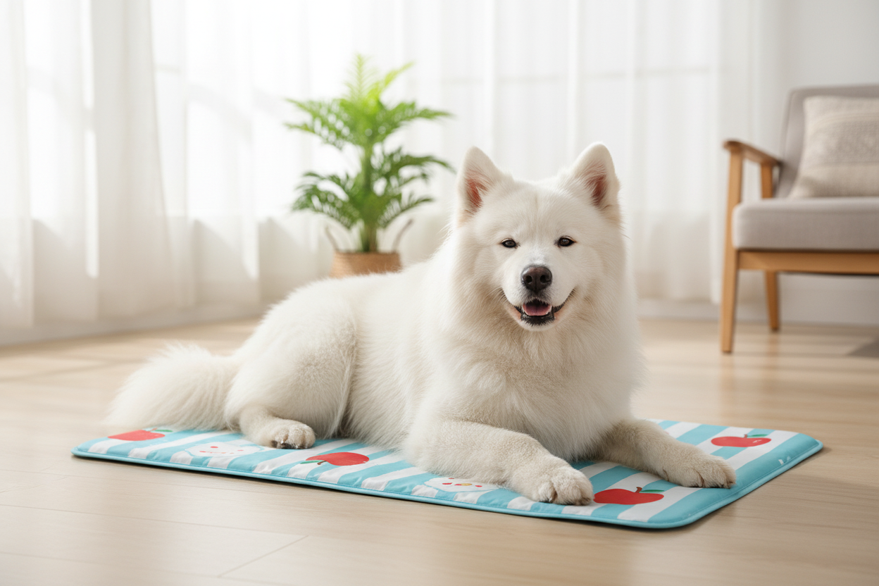 Samoyed dog on apple blue sea pet cooling mat lifestyle photo