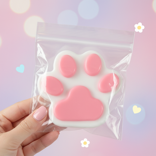 Large pink silicone cat paw squeeze toy held in hand