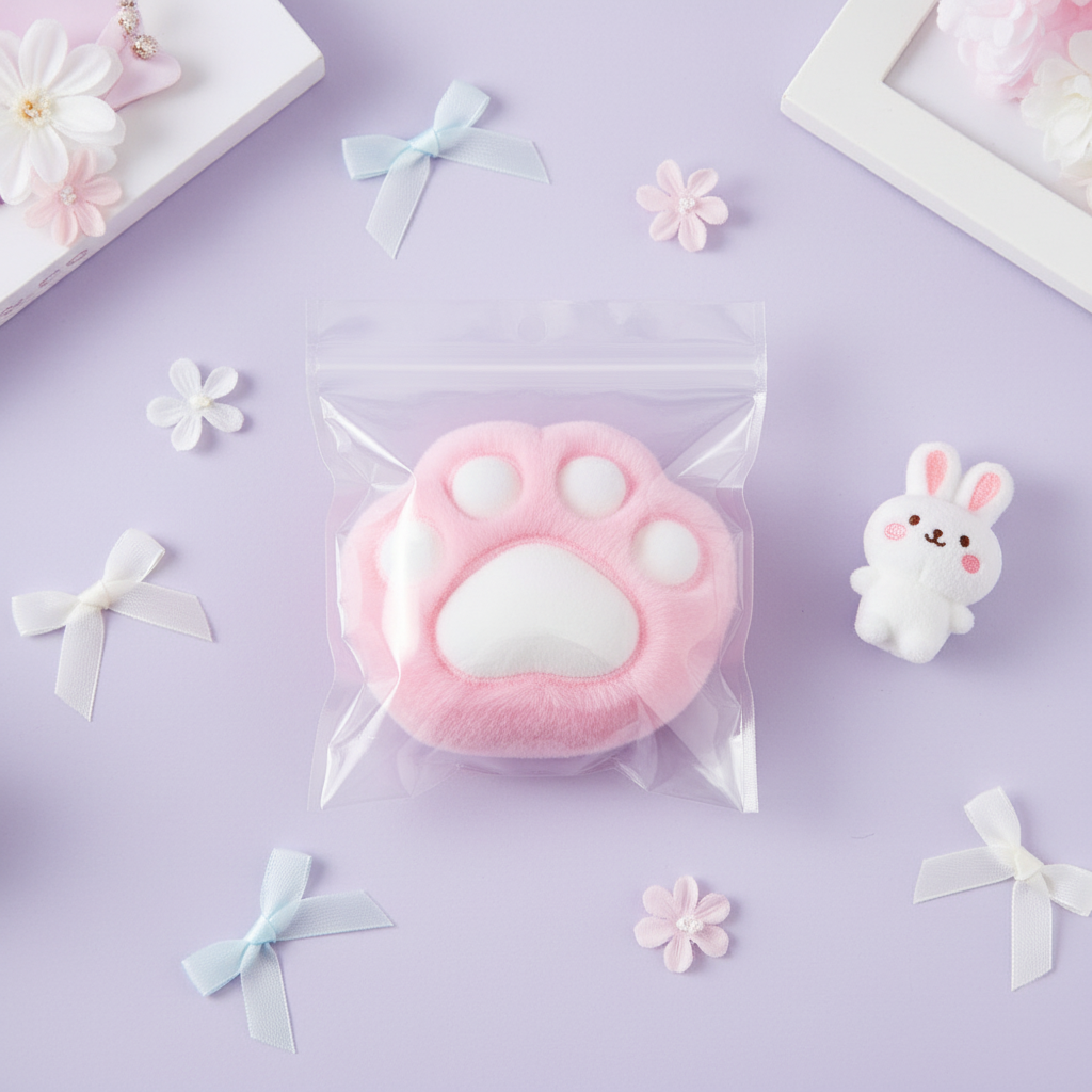 Pink plush cat paw squeeze toy in packaging - kawaii lifestyle