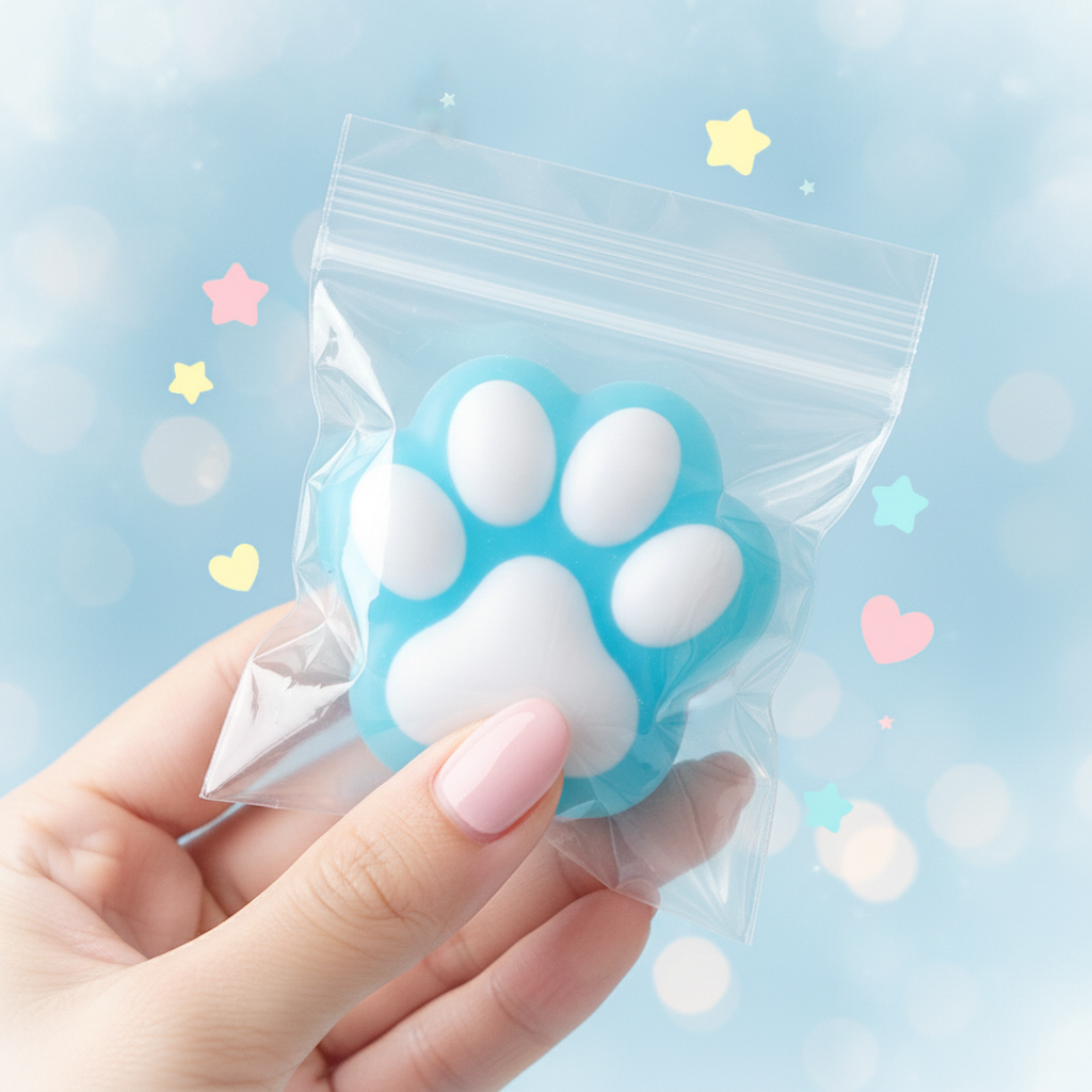 Large blue silicone cat paw squeeze toy held in hand