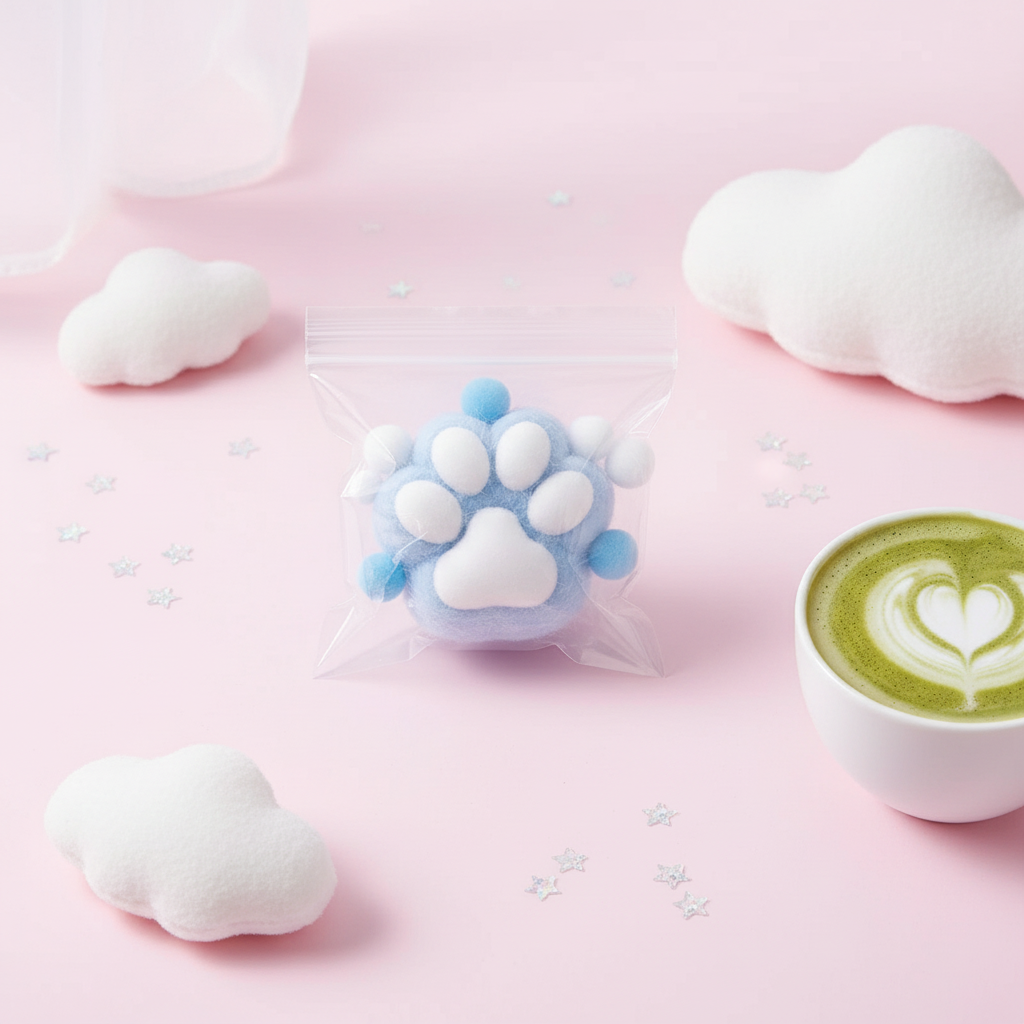 Blue plush cat paw squeeze toy in packaging - kawaii lifestyle