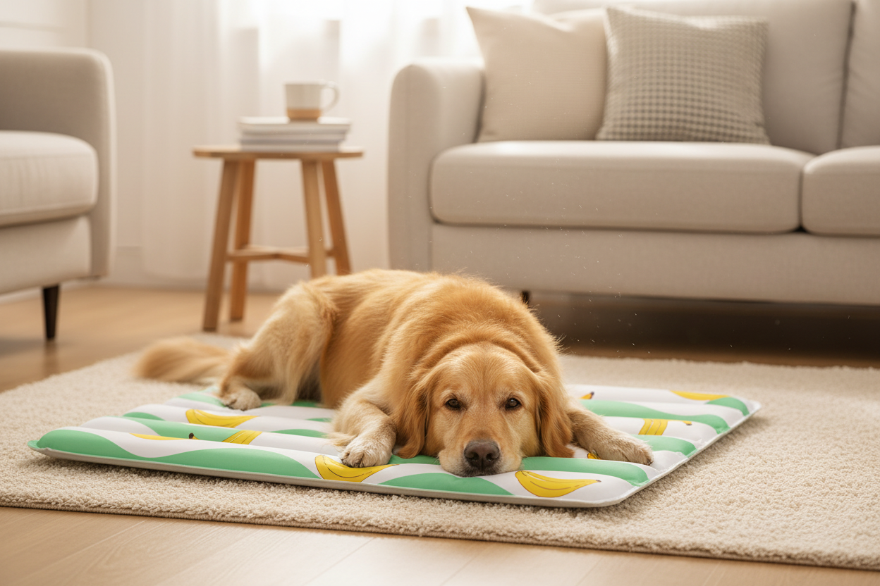 Dog lying on banana pattern pet cooling mat at home